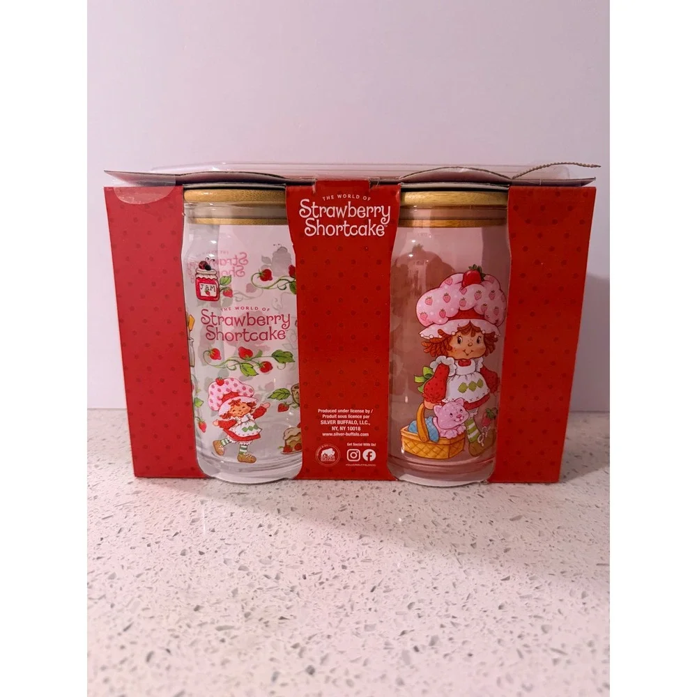 Strawberry Shortcake Glass Tumbler Set 16oz Bamboo Lids Glass Straws 2pk New
